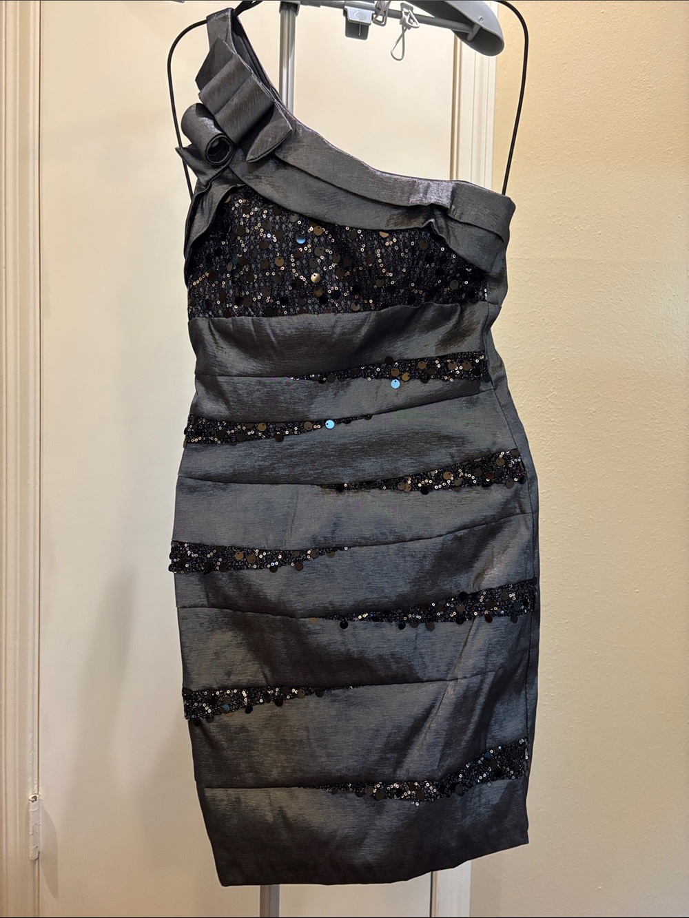 Cache Black One-Shoulder Sequin Band Mini Dress